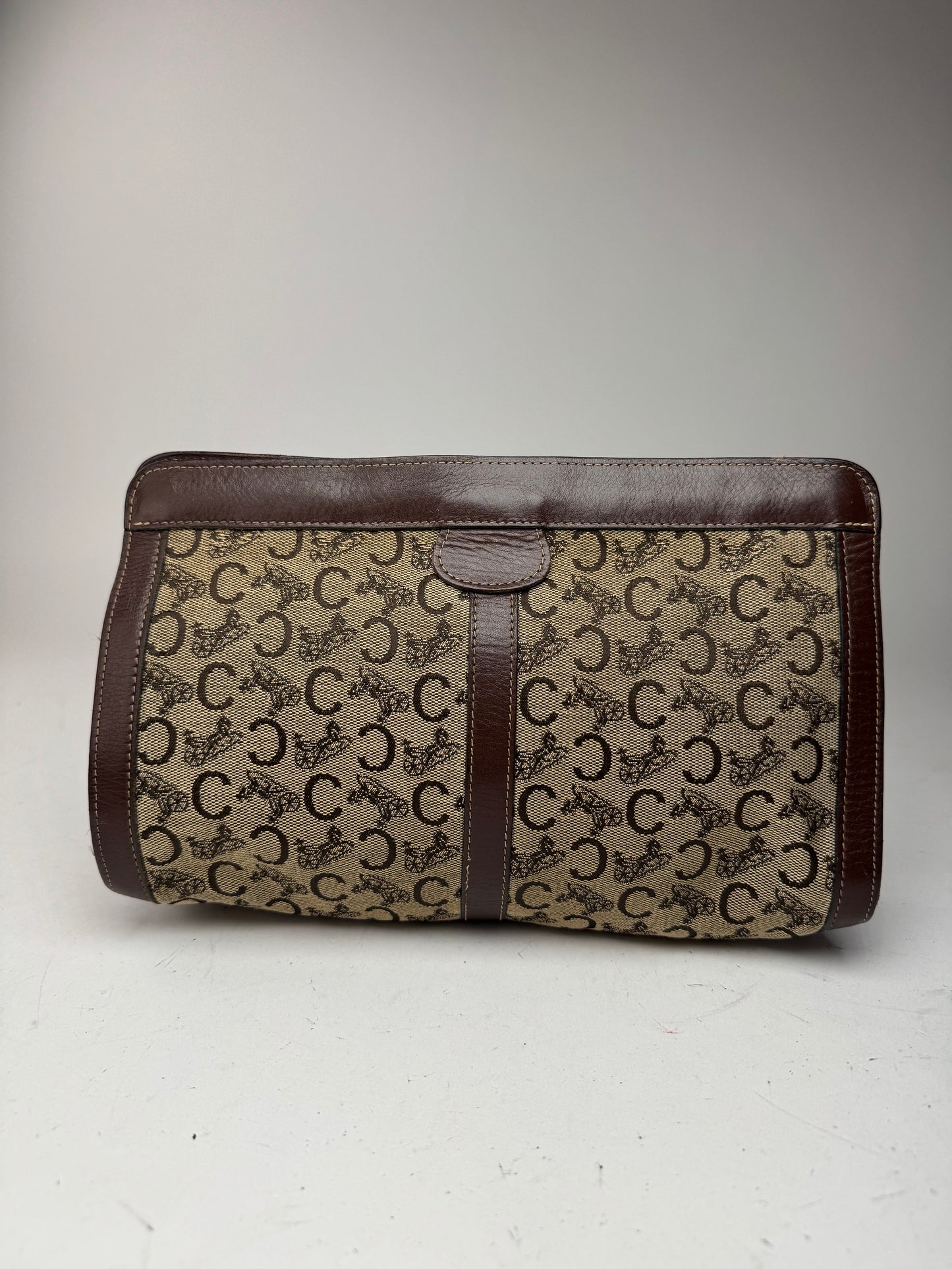 Pochette vintage en cuir et toile monogrammée Macadam de Céline marron et gris