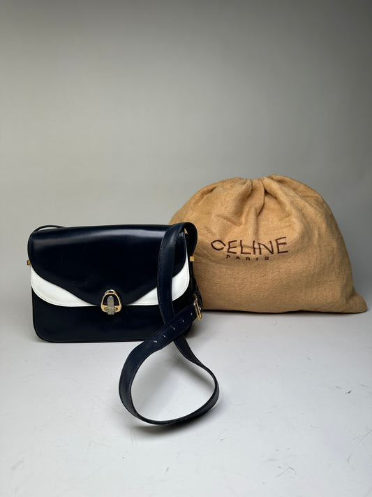 Vintage Celine Leather Shoulder Bag Navy White Gold