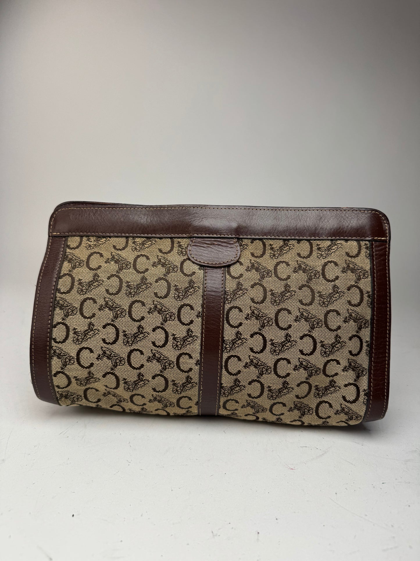 Pochette vintage en cuir et toile monogrammée Macadam de Céline marron et gris