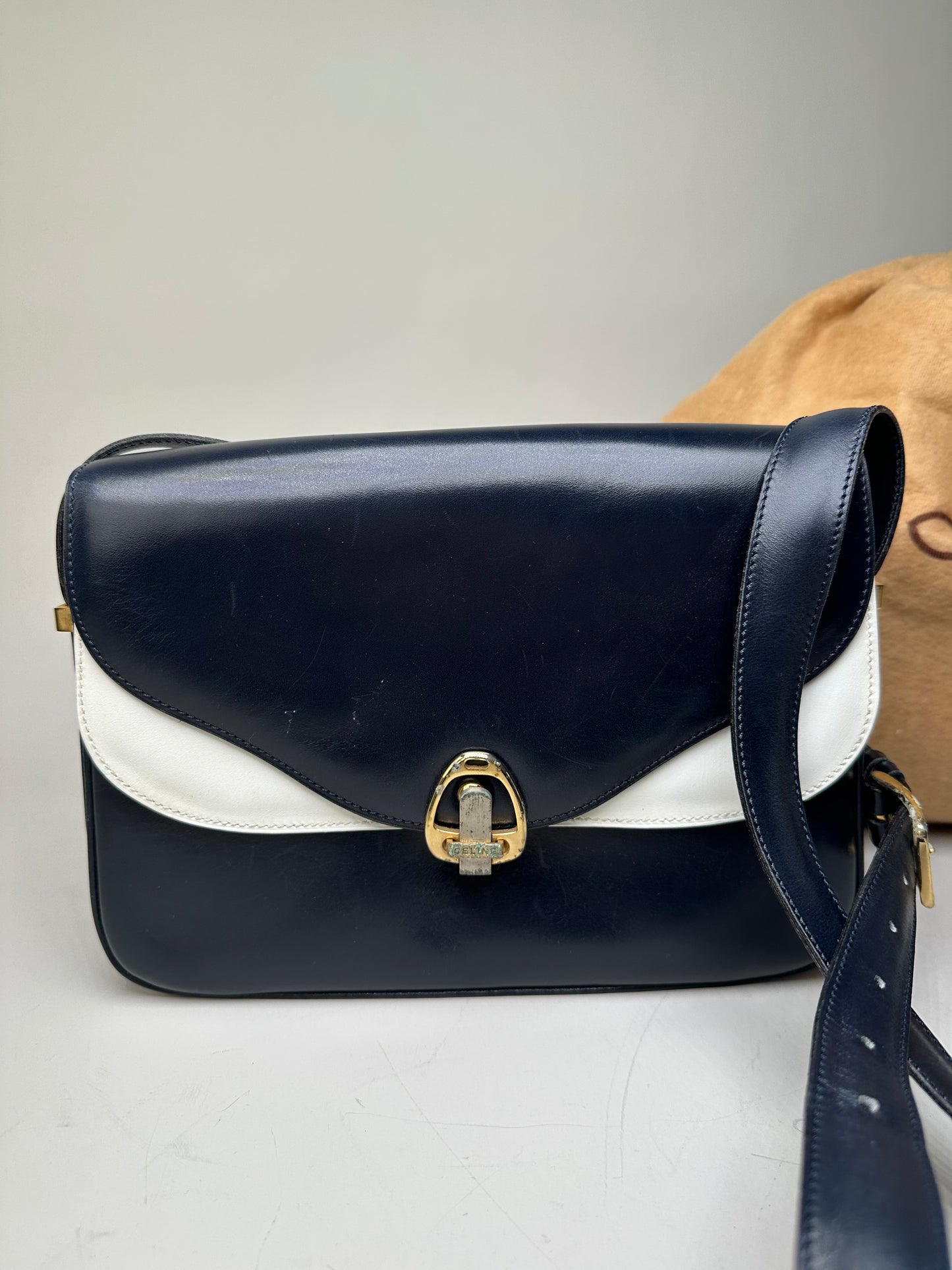 Vintage Celine Leather Shoulder Bag Navy White Gold