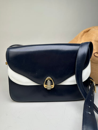 Vintage Celine Leather Shoulder Bag Navy White Gold