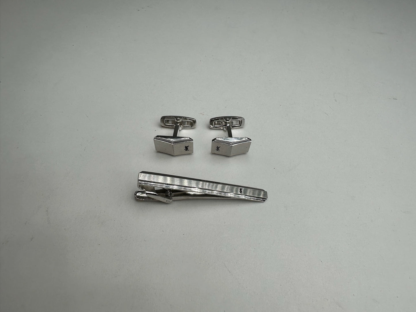 Vintage Yves Saint Laurent Cufflinks & Tie/money Clamp Set silver steel
