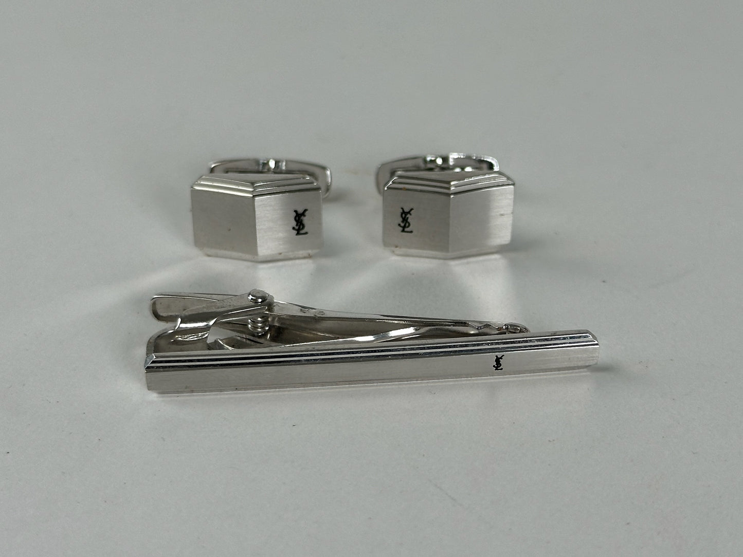 Vintage Yves Saint Laurent Cufflinks & Tie/money Clamp Set silver steel