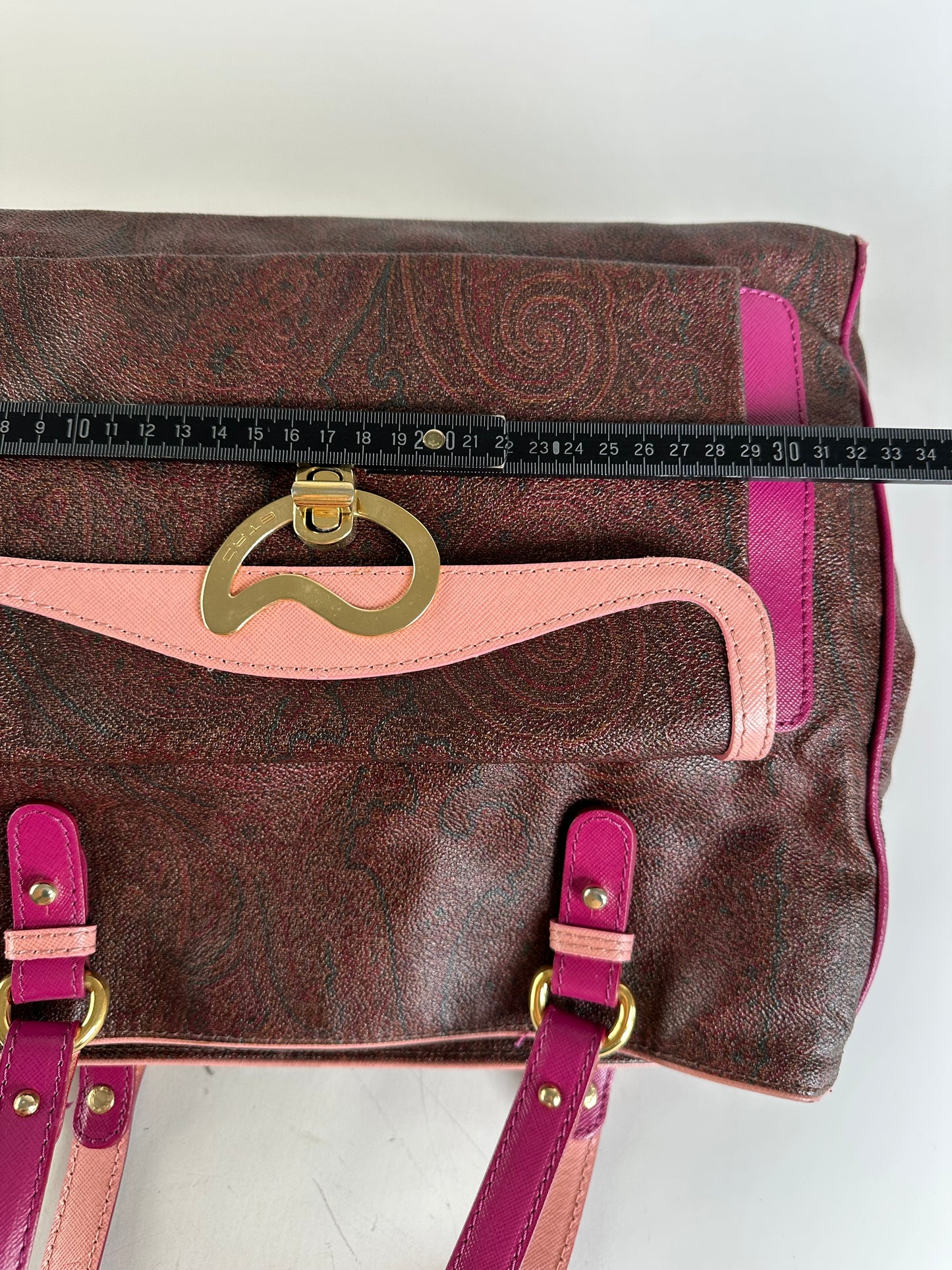 Vintage Etro Coated Canvas Tote Burgundy Pink Gold Heart Clasp