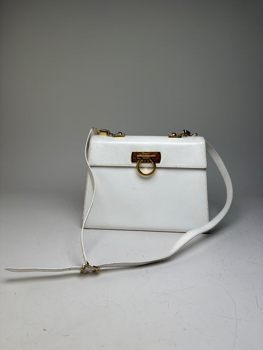 Vintage Ferragamo Structured Leather Handbag White Gold