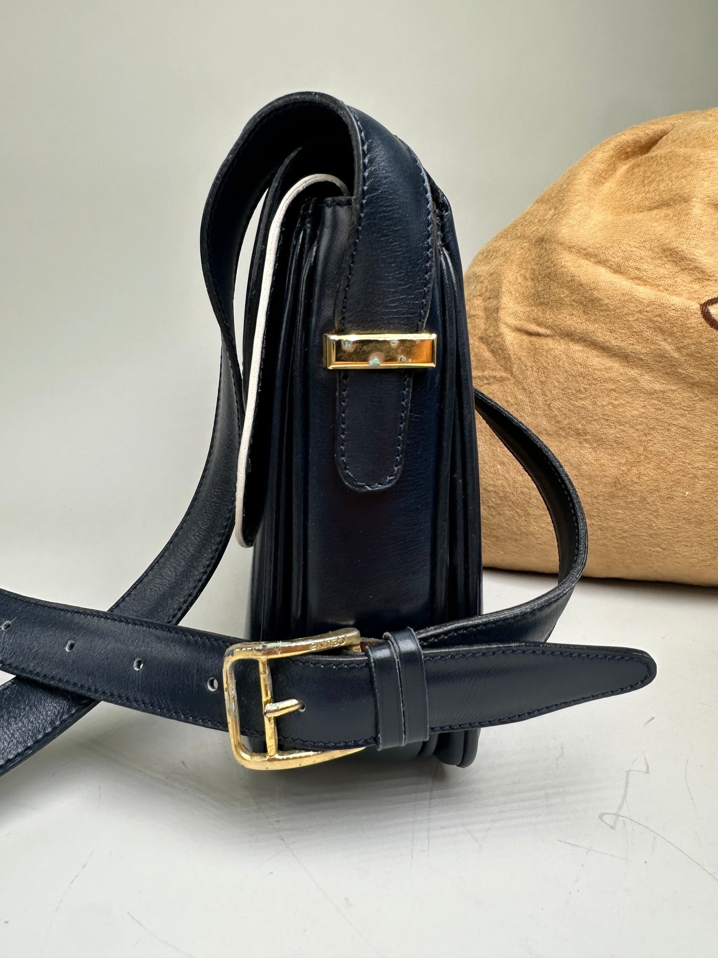 Vintage Celine Leather Shoulder Bag Navy White Gold