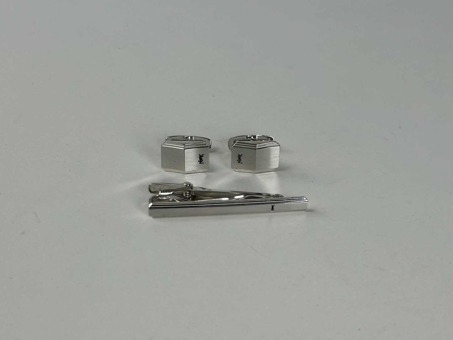 Vintage Yves Saint Laurent Cufflinks & Tie/money Clamp Set silver steel