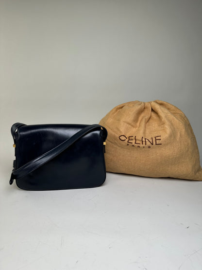 Vintage Celine Leather Shoulder Bag Navy White Gold