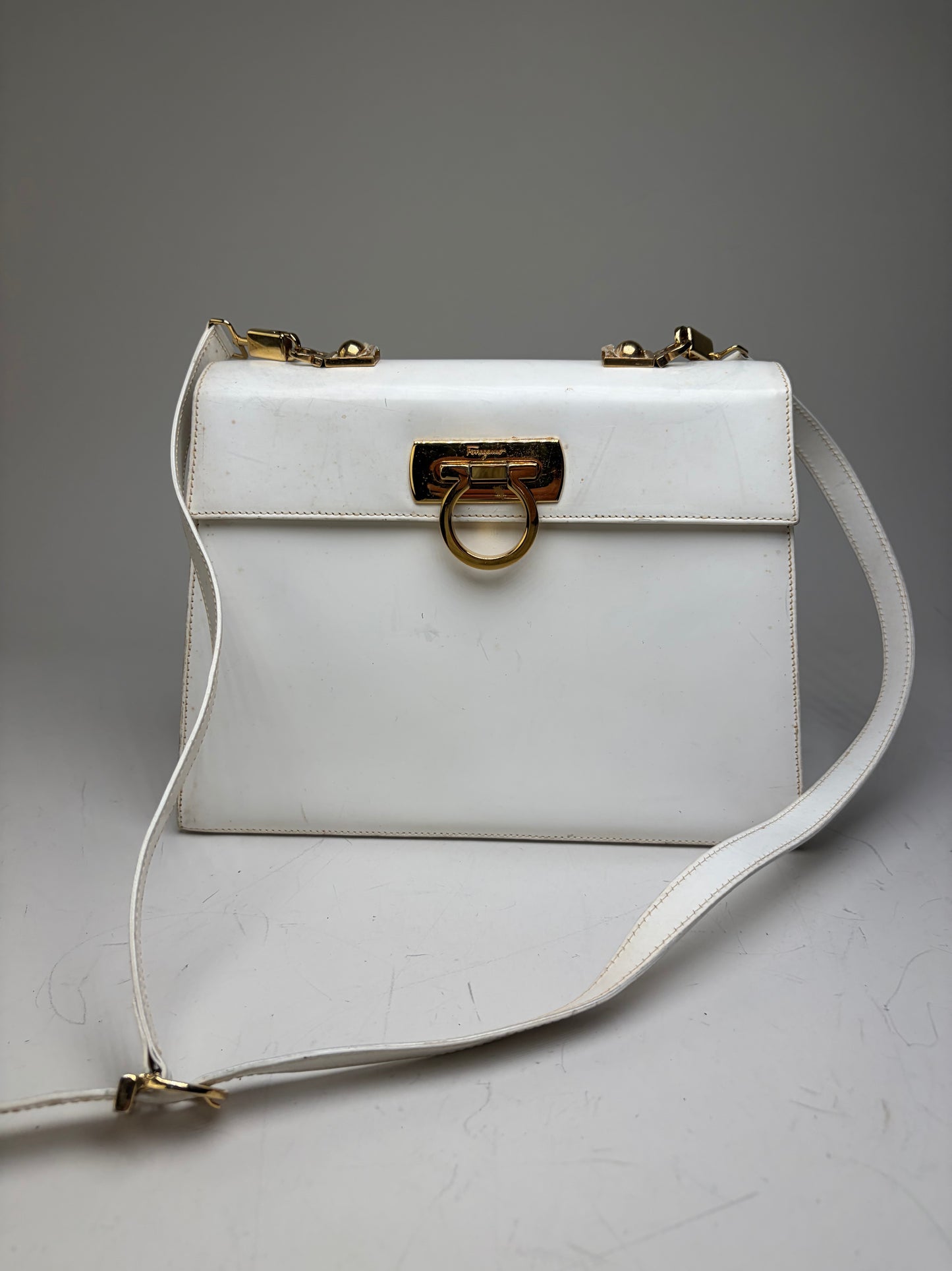 Vintage Ferragamo Structured Leather Handbag White Gold