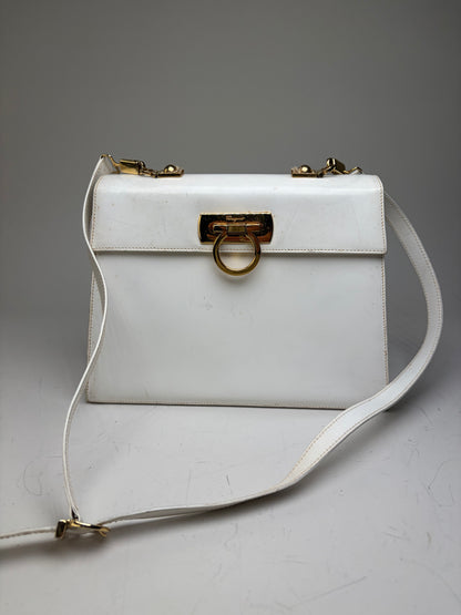 Vintage Ferragamo Structured Leather Handbag White Gold