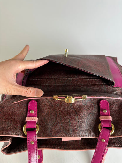 Vintage Etro Coated Canvas Tote Burgundy Pink Gold Heart Clasp