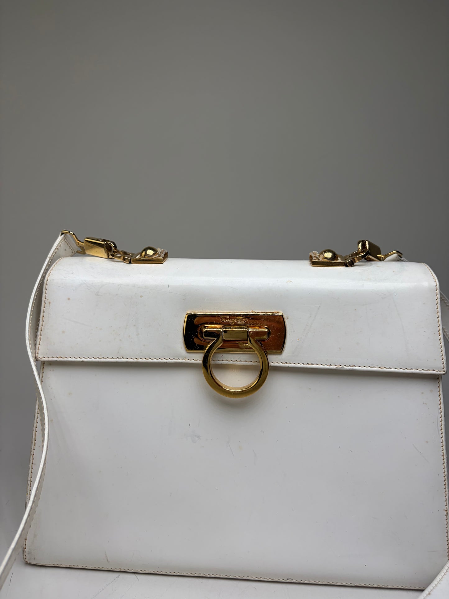 Vintage Ferragamo Structured Leather Handbag White Gold