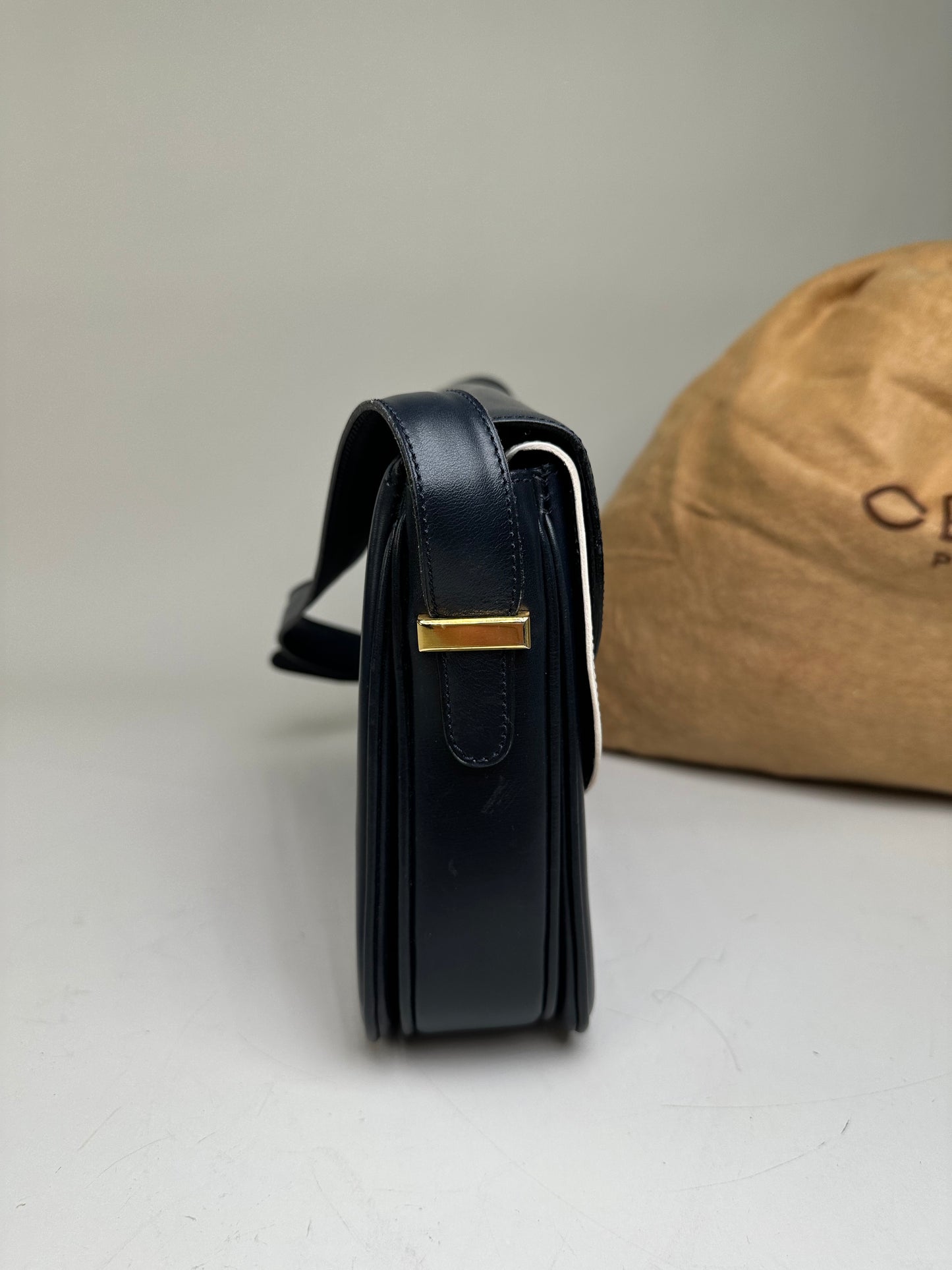 Vintage Celine Leather Shoulder Bag Navy White Gold