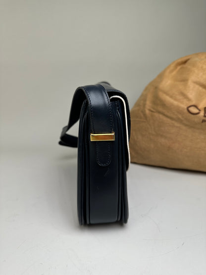 Vintage Celine Leather Shoulder Bag Navy White Gold