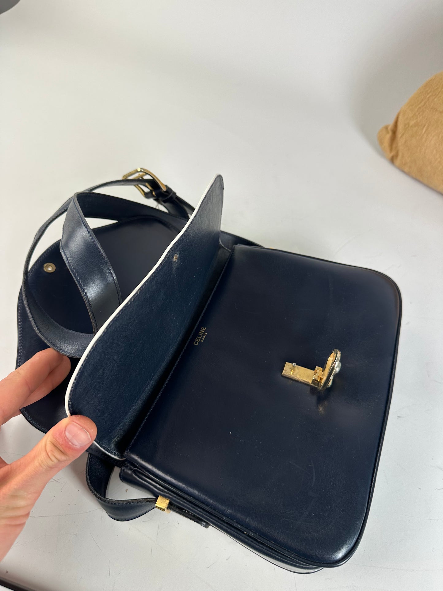 Vintage Celine Leather Shoulder Bag Navy White Gold