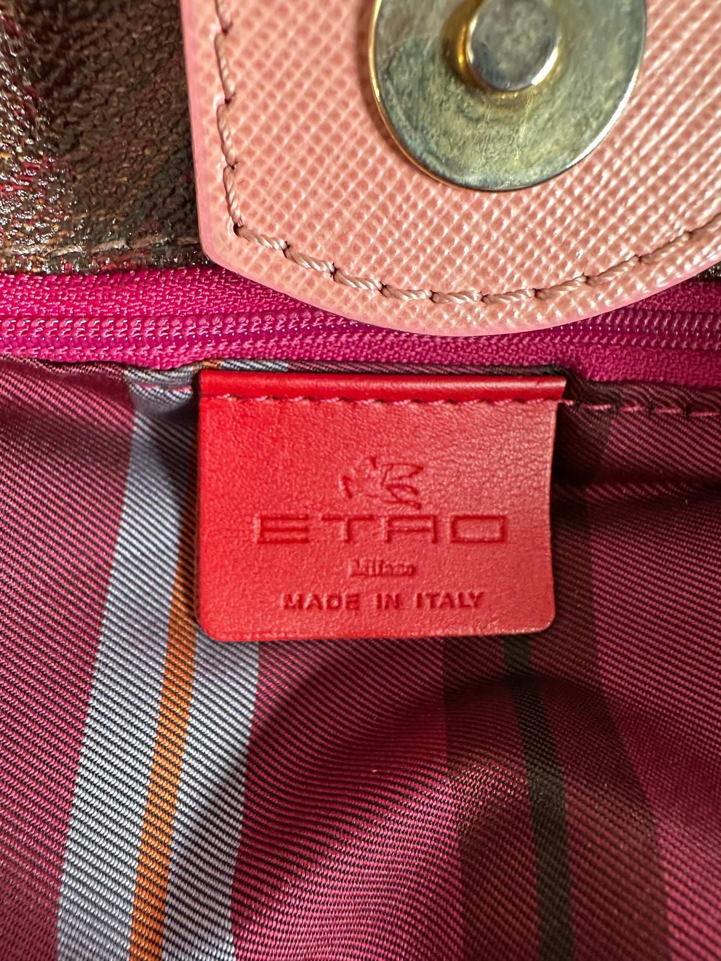 Vintage Etro Coated Canvas Tote Burgundy Pink Gold Heart Clasp