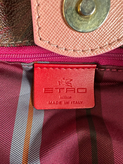 Vintage Etro Coated Canvas Tote Burgundy Pink Gold Heart Clasp