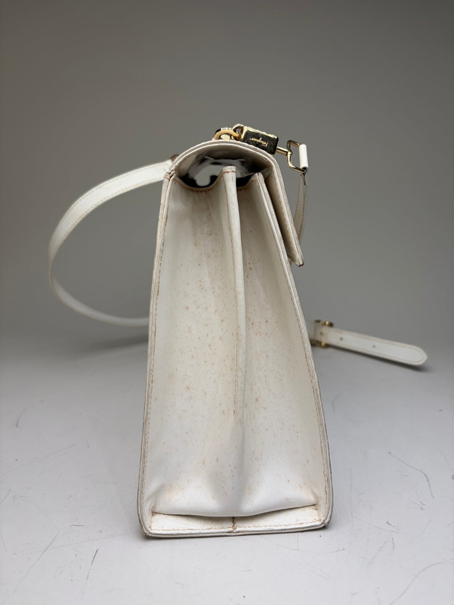 Vintage Ferragamo Structured Leather Handbag White Gold