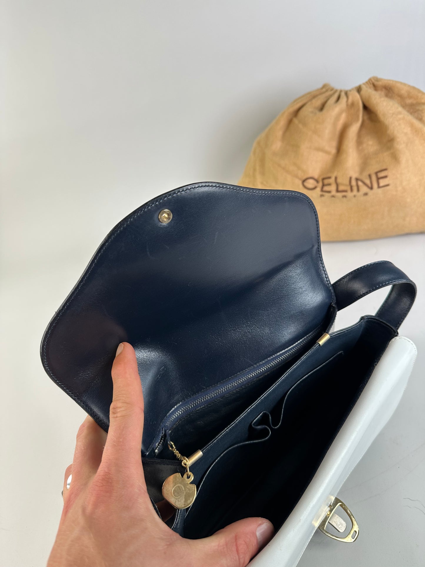 Vintage Celine Leather Shoulder Bag Navy White Gold