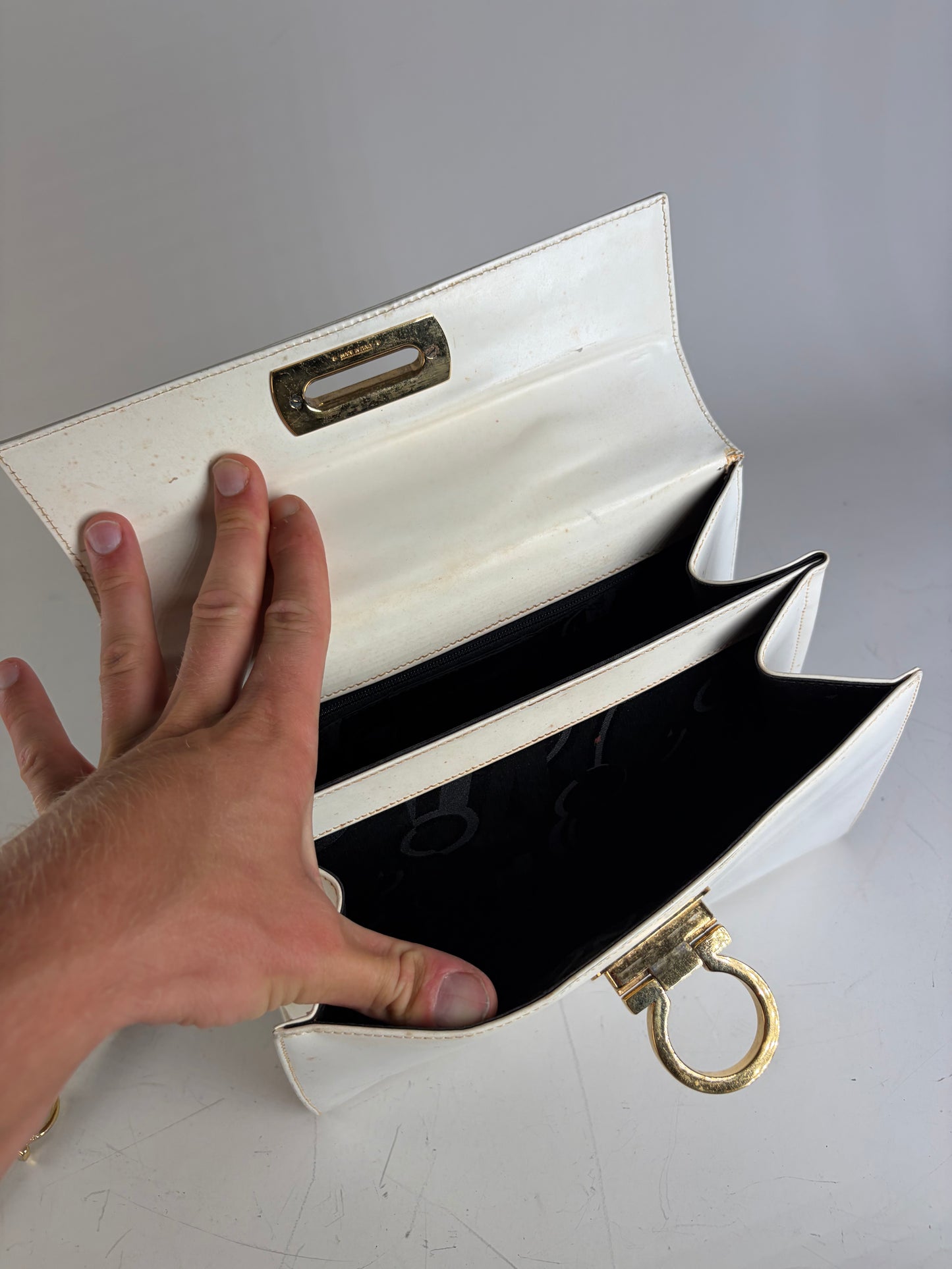 Vintage Ferragamo Structured Leather Handbag White Gold