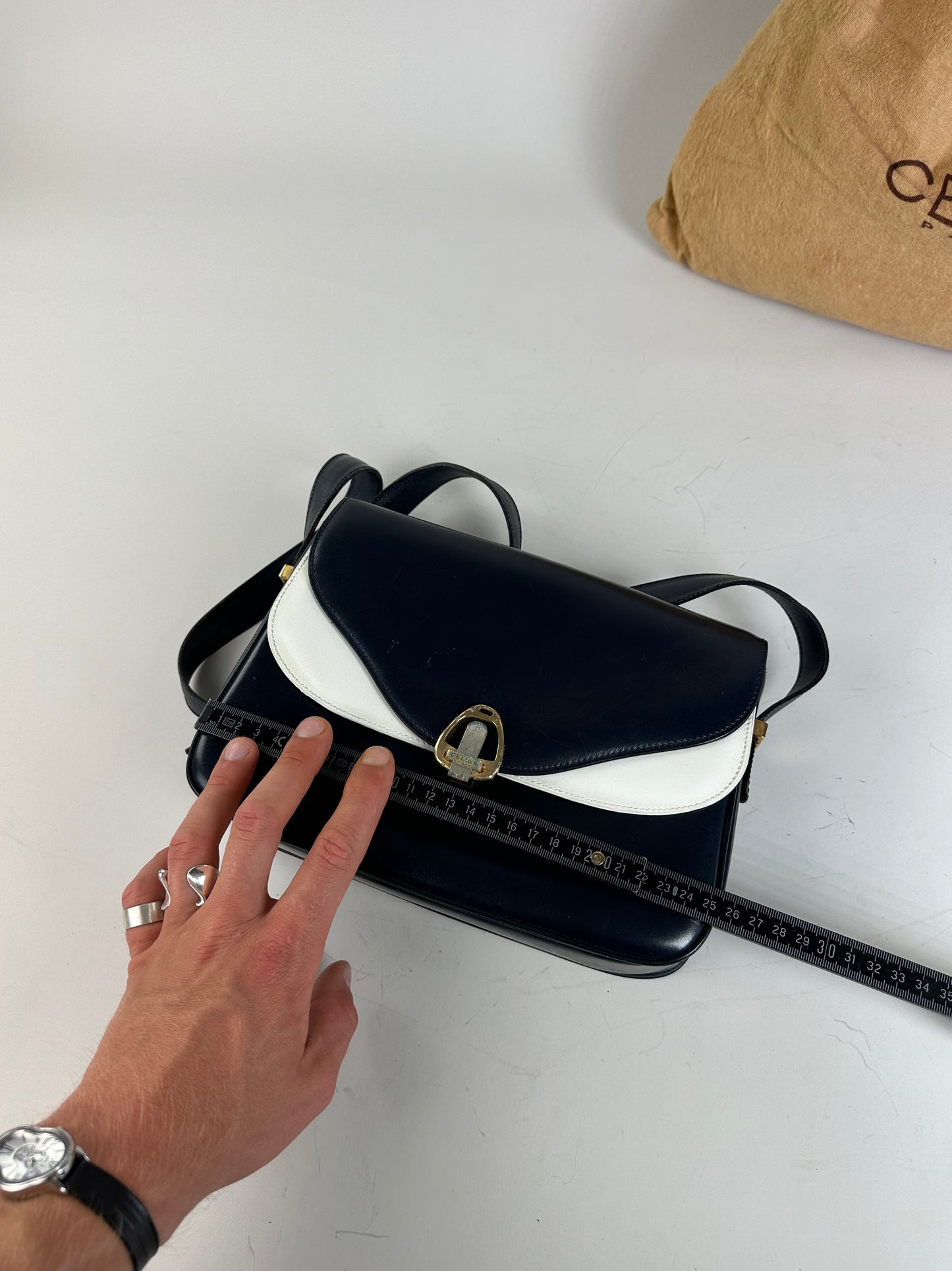 Vintage Celine Leather Shoulder Bag Navy White Gold
