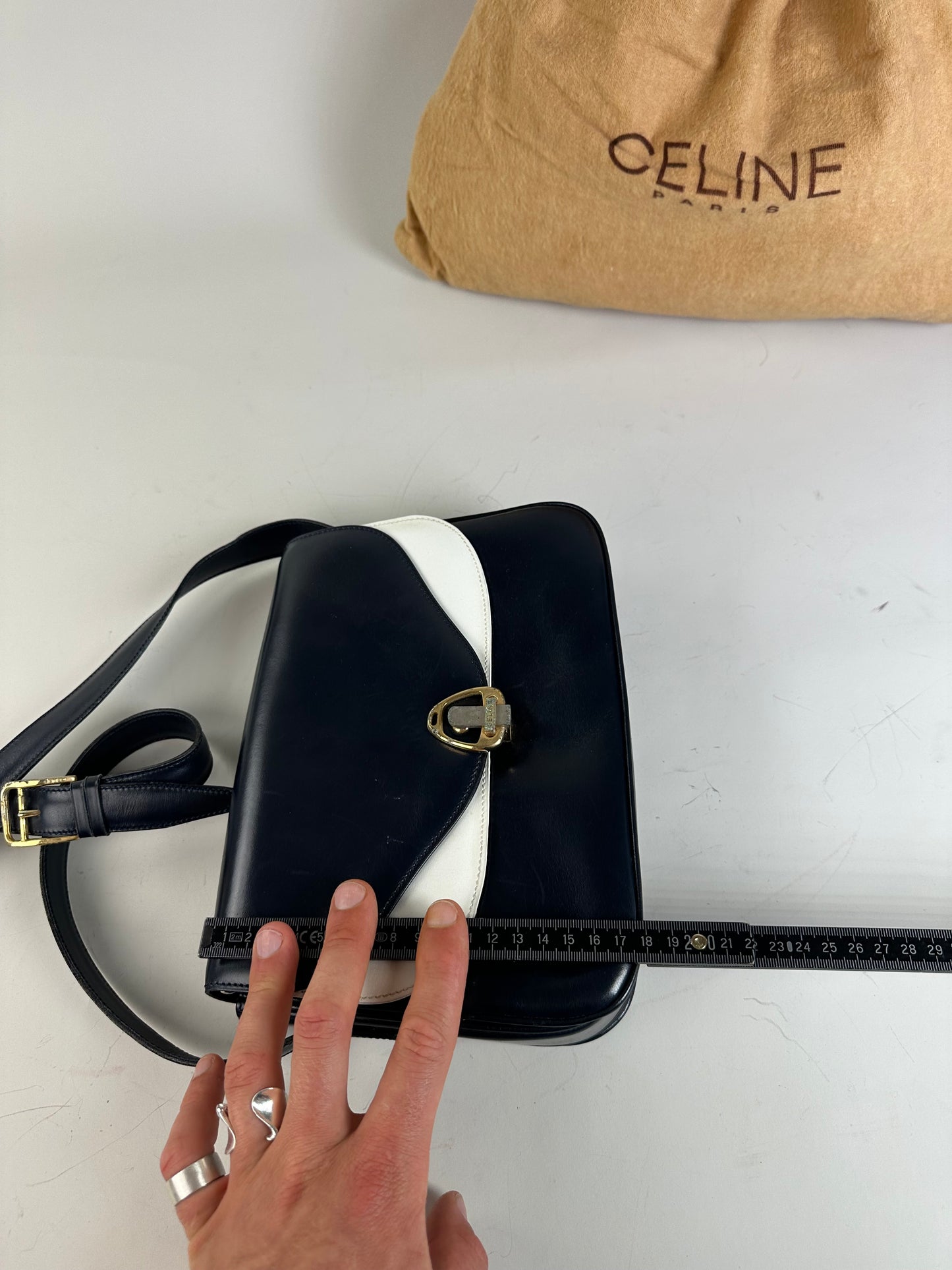 Vintage Celine Leather Shoulder Bag Navy White Gold