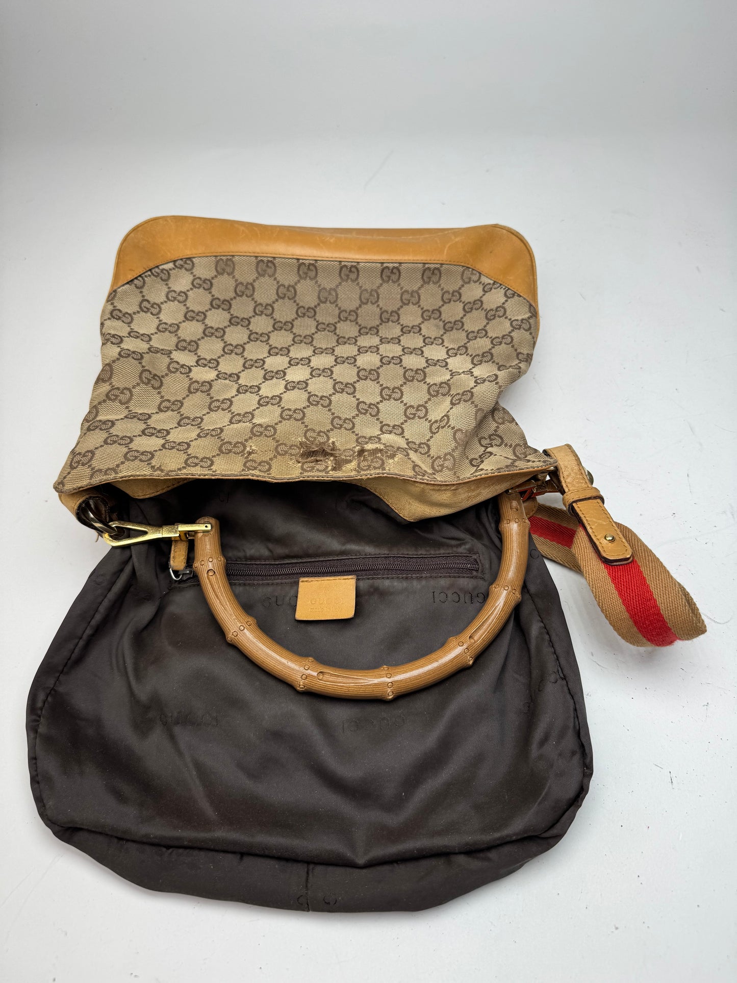 Vintage Gucci Monogram 2Way Bamboo Top Handle Bag Beige