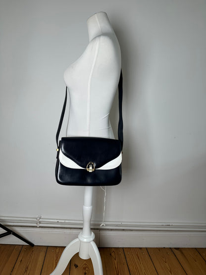 Vintage Celine Leather Shoulder Bag Navy White Gold