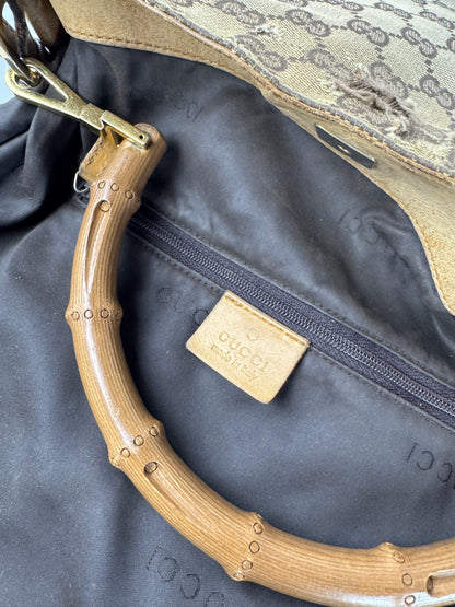 Vintage Gucci Monogram 2Way Bamboo Top Handle Bag Beige