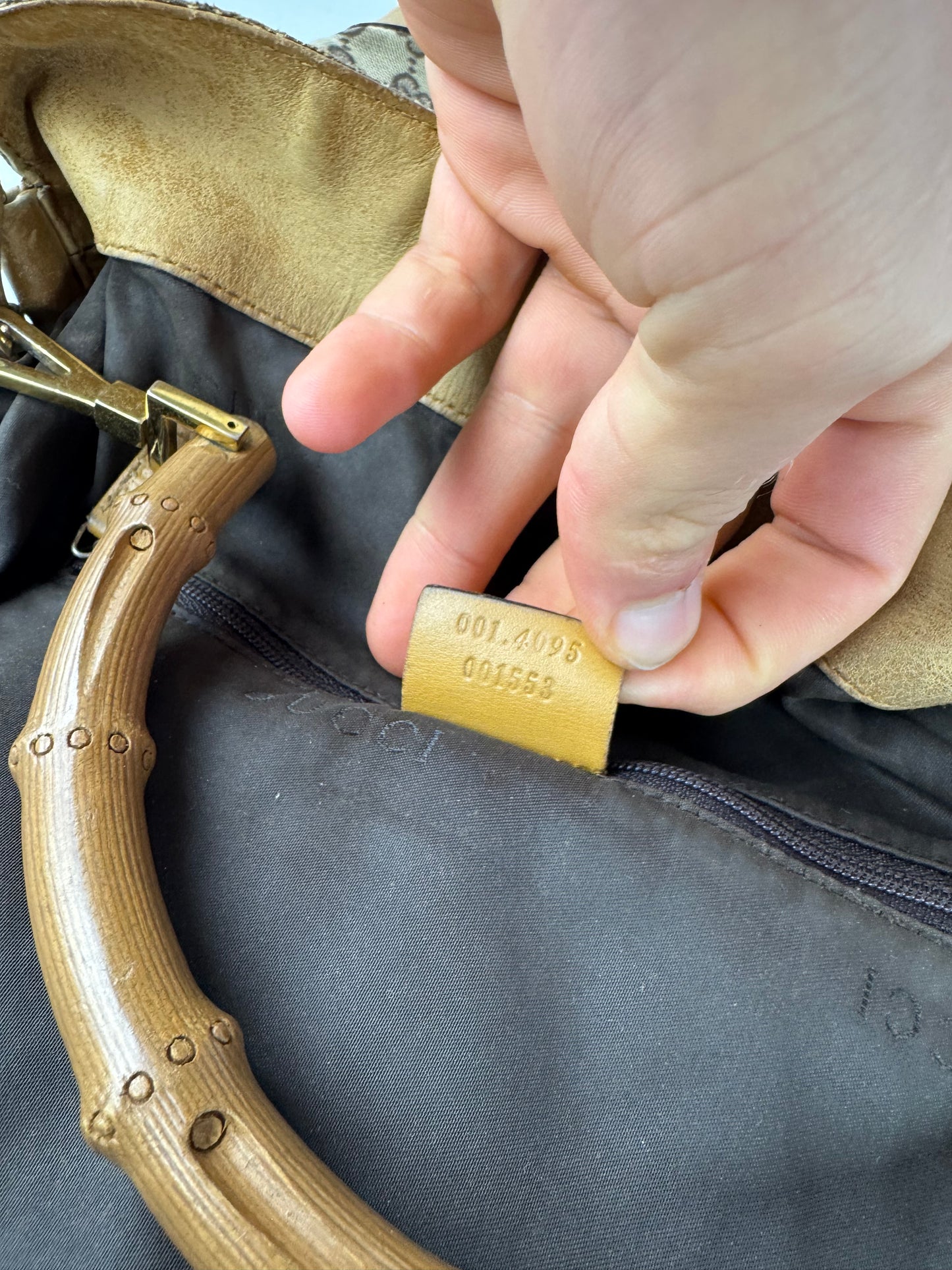 Vintage Gucci Monogram 2Way Bamboo Top Handle Bag Beige