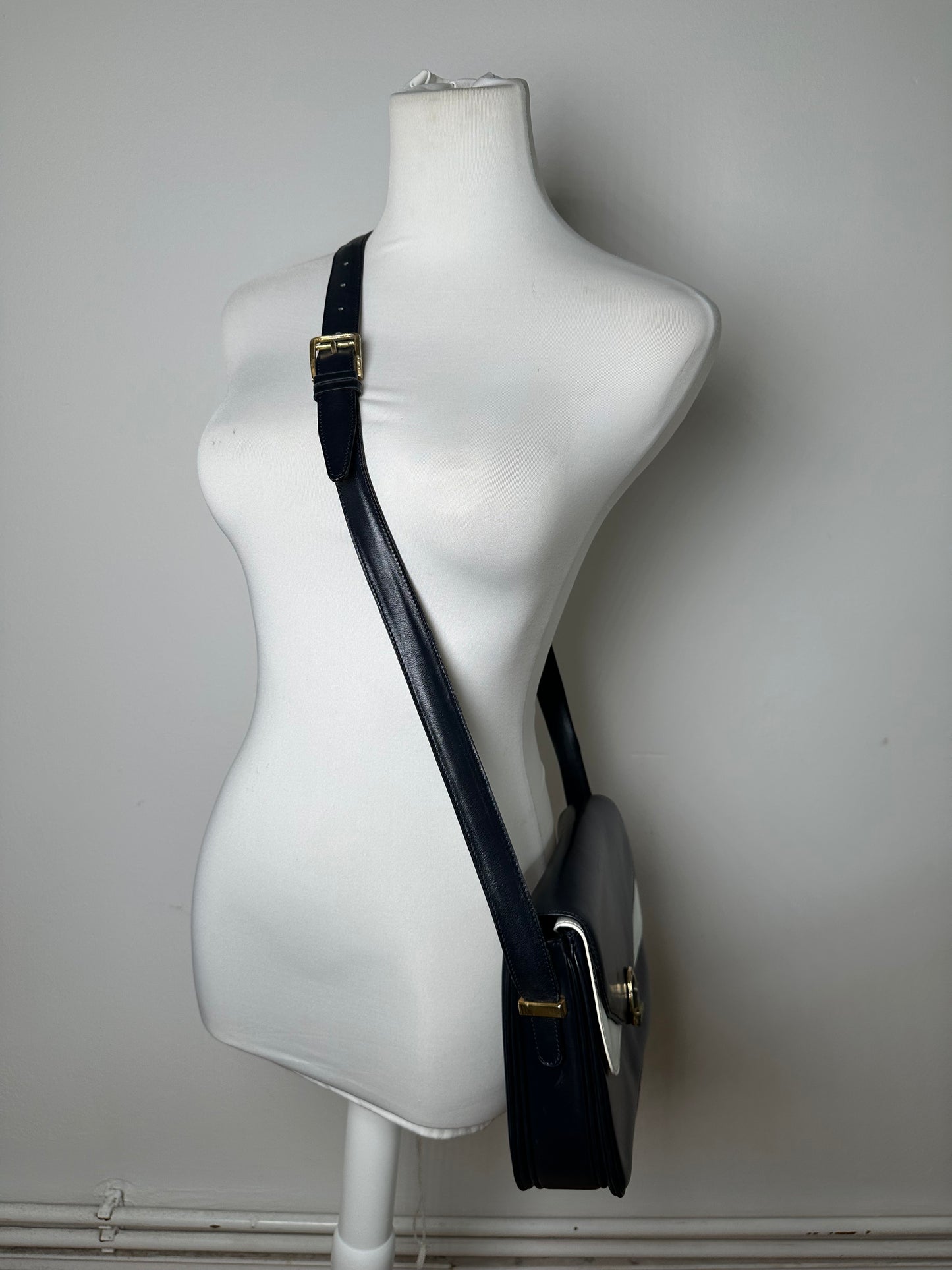 Vintage Celine Leather Shoulder Bag Navy White Gold