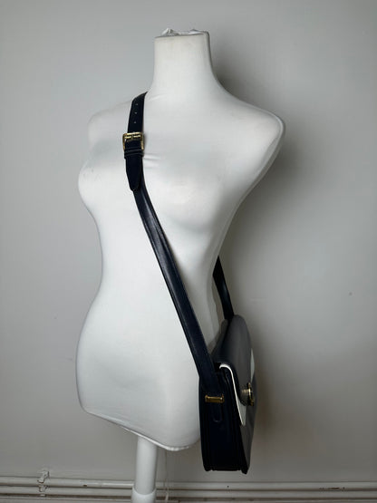 Vintage Celine Leather Shoulder Bag Navy White Gold