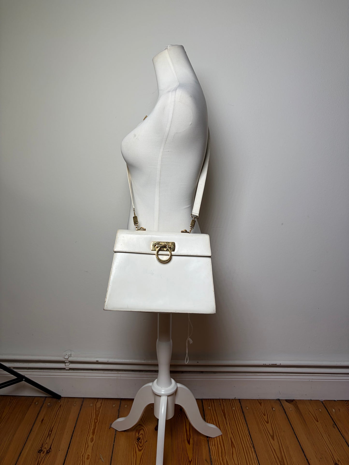 Vintage Ferragamo Structured Leather Handbag White Gold