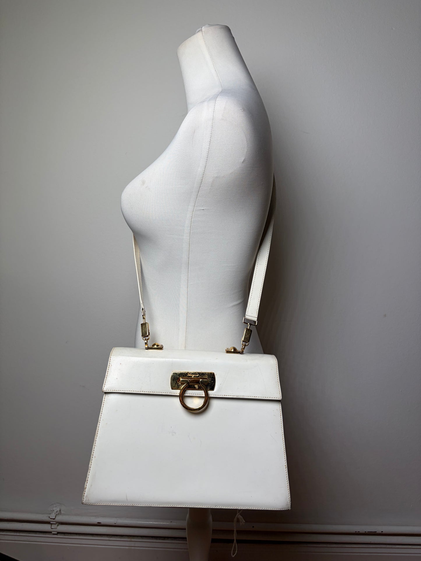 Vintage Ferragamo Structured Leather Handbag White Gold