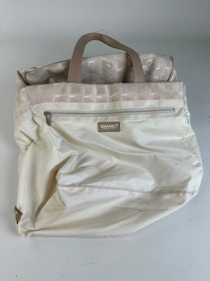 Vintage Chanel Fabric Leather Trim Tote Cream Silver