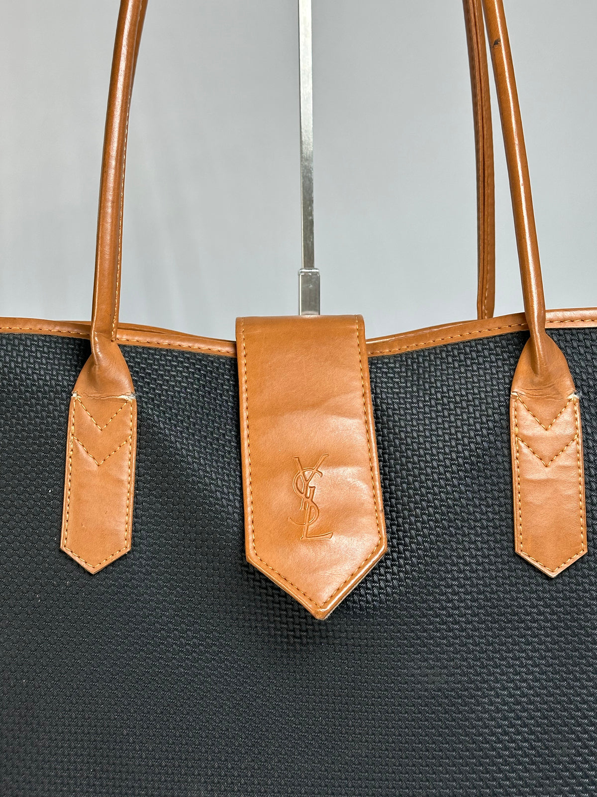 Vintage Yves Saint Laurent Canvas Leather Trim Tote Late 1990s Black Cognac