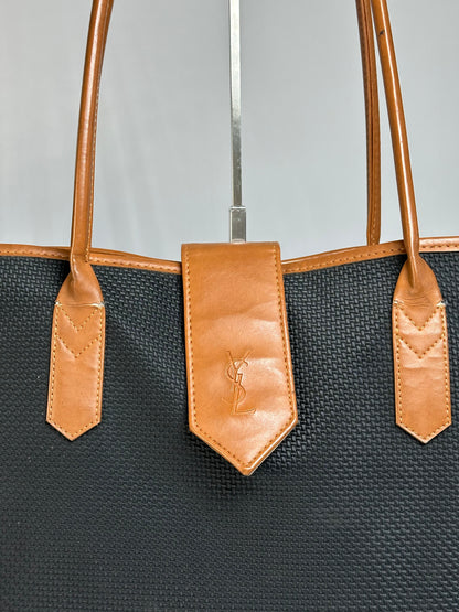 Vintage Yves Saint Laurent Canvas Leather Trim Tote Late 1990s Black Cognac