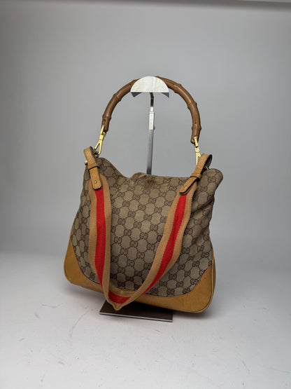 Vintage Gucci Monogram 2Way Bamboo Top Handle Bag Beige