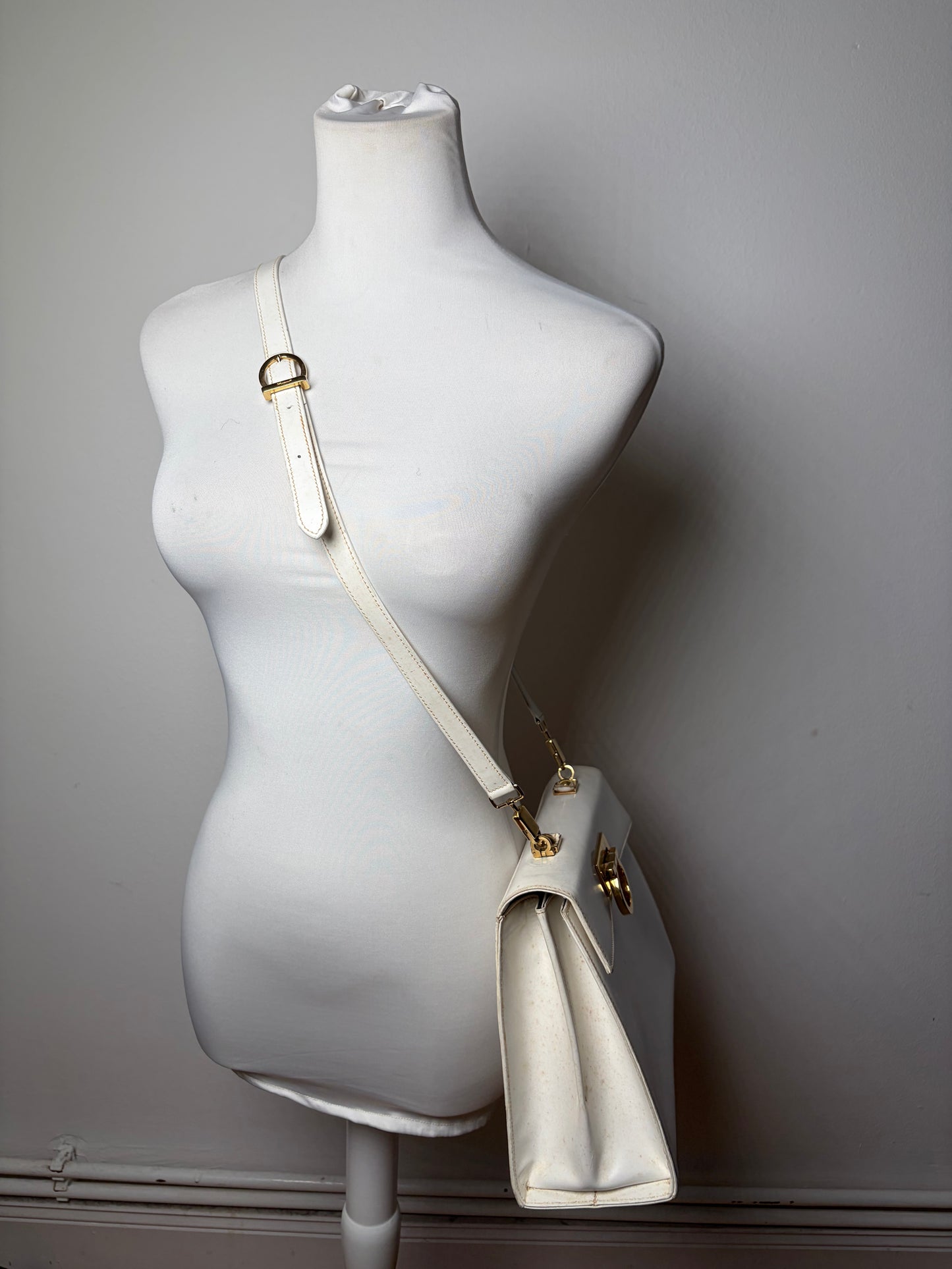 Vintage Ferragamo Structured Leather Handbag White Gold
