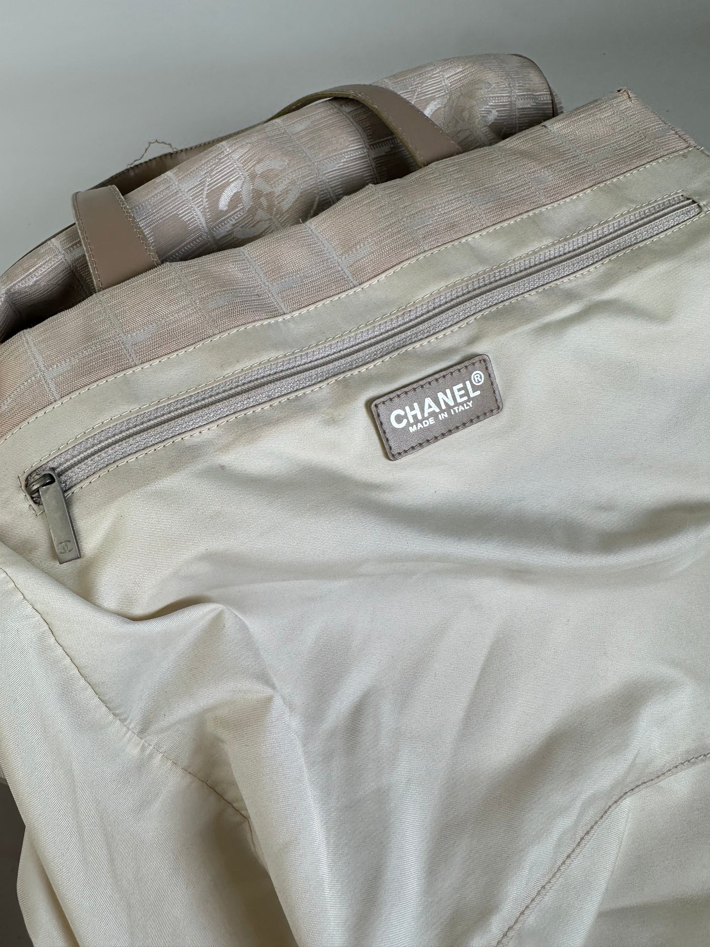 Vintage Chanel Fabric Leather Trim Tote Cream Silver