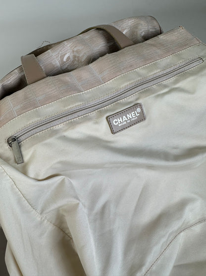 Vintage Chanel Fabric Leather Trim Tote Cream Silver