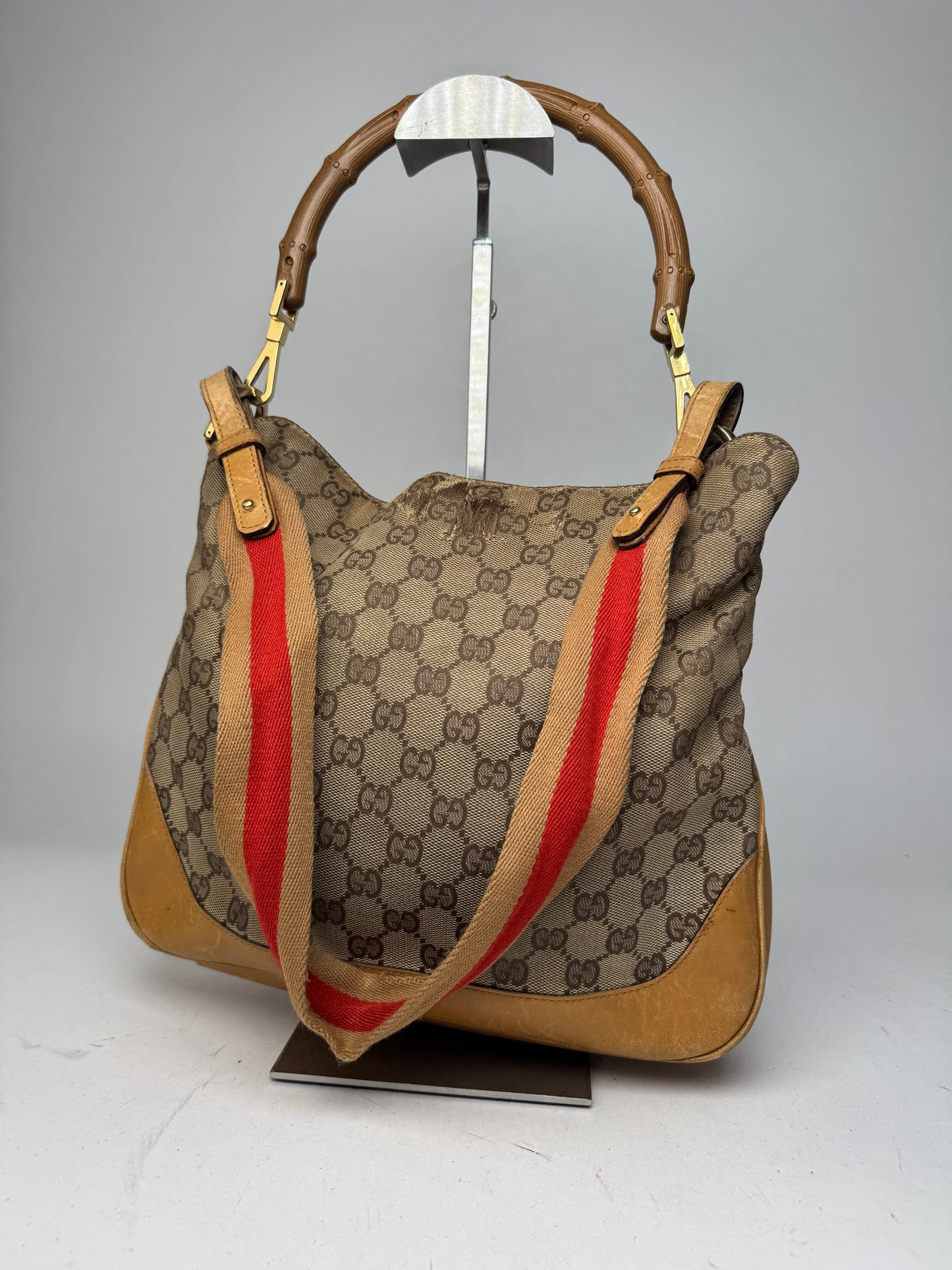 Vintage Gucci Monogram 2Way Bamboo Top Handle Bag Beige