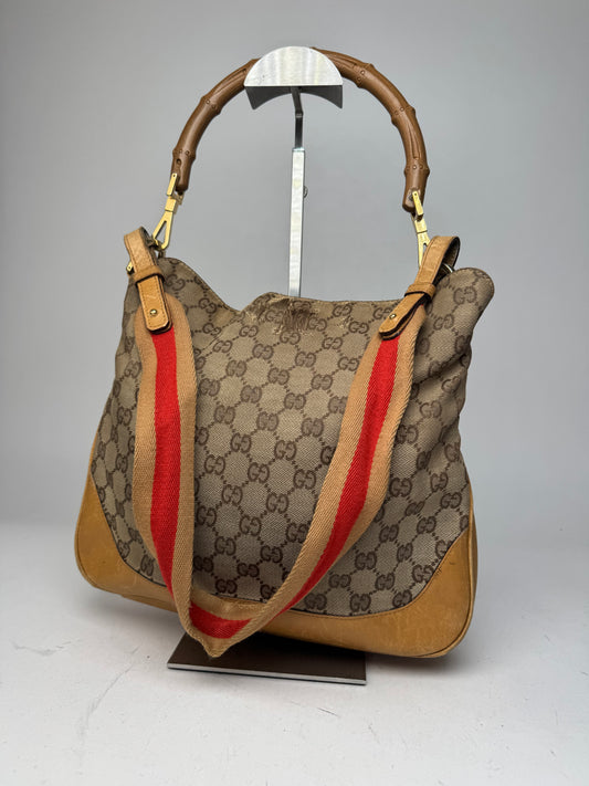Vintage Gucci Monogram 2Way Bamboo Top Handle Bag Beige