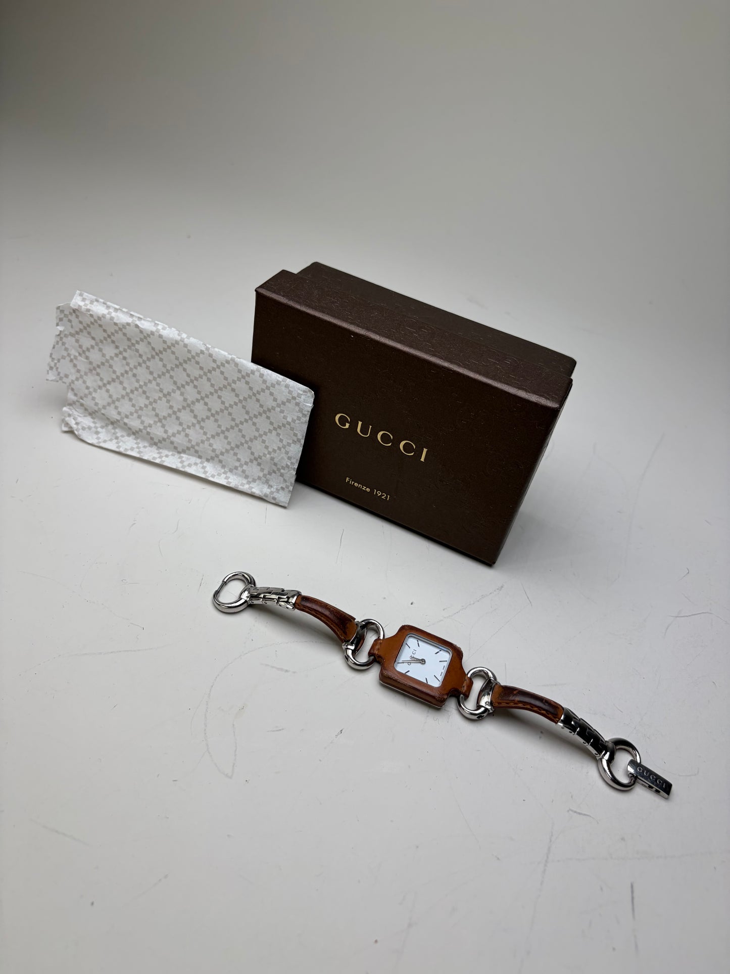 Vintage Gucci Stainless Steel Leather Bracelet Watch Brown Silver