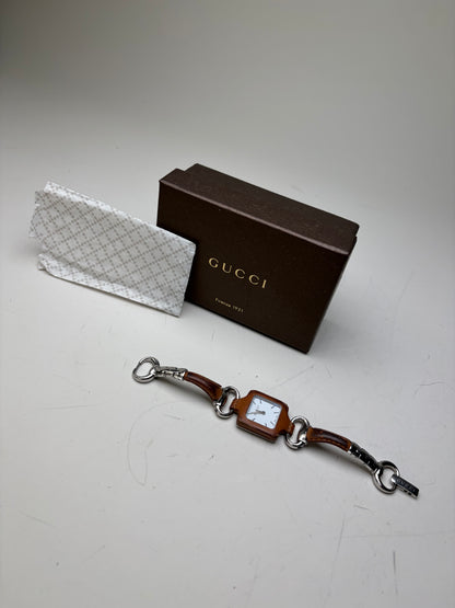 Vintage Gucci Stainless Steel Leather Bracelet Watch Brown Silver