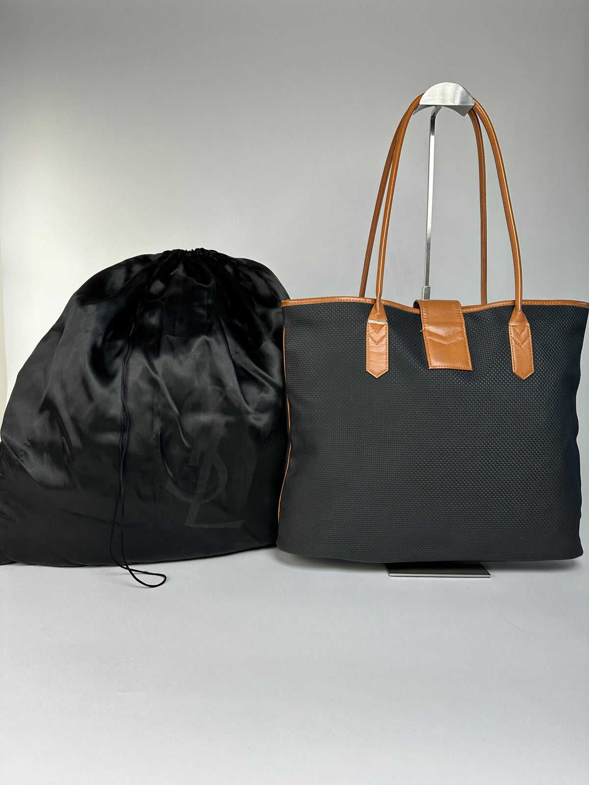 Vintage Yves Saint Laurent Canvas Leather Trim Tote Late 1990s Black Cognac