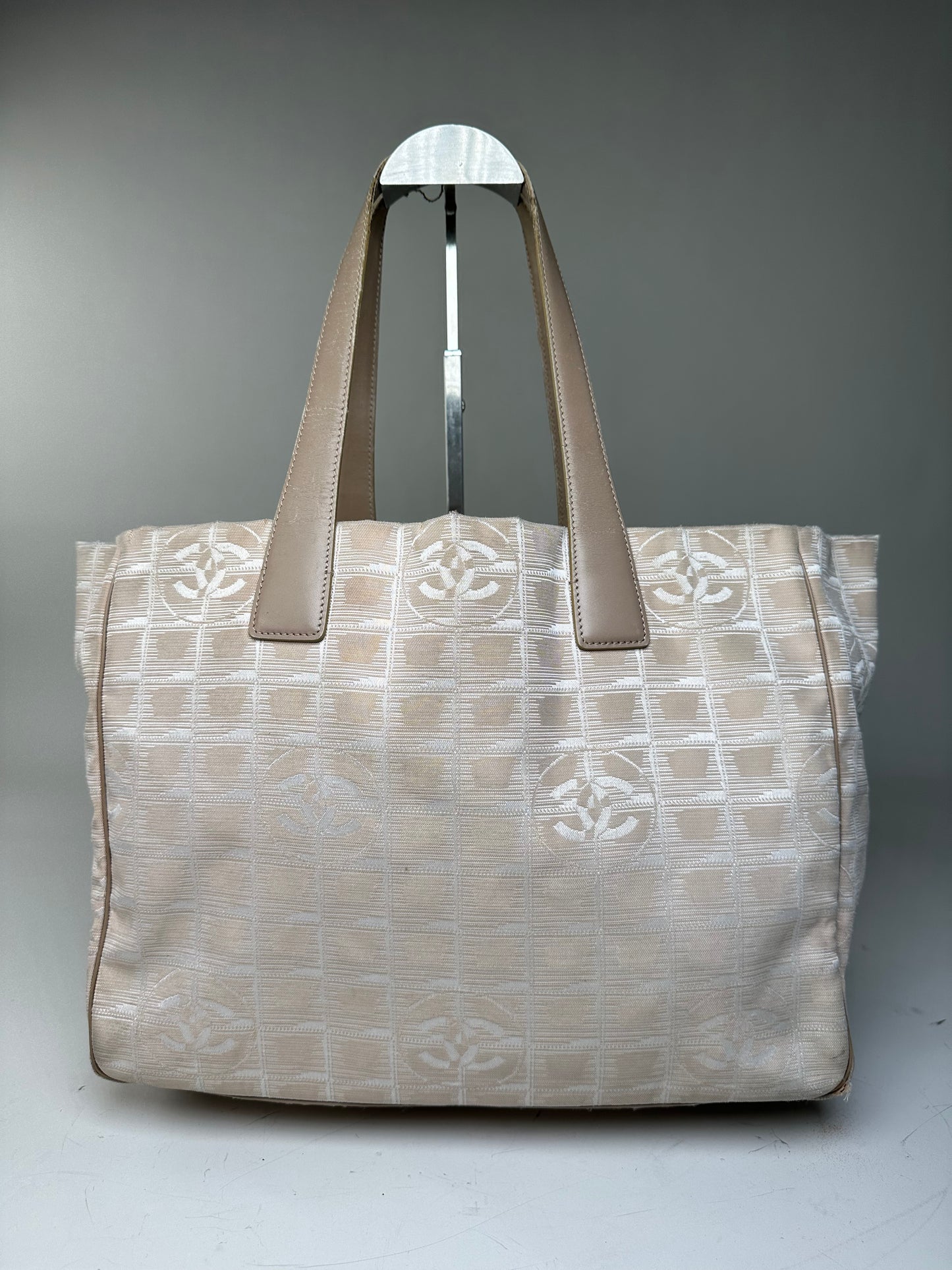 Vintage Chanel Fabric Leather Trim Tote Cream Silver