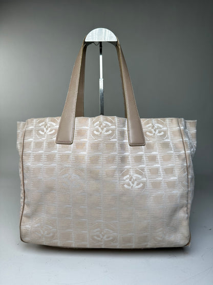 Vintage Chanel Fabric Leather Trim Tote Cream Silver