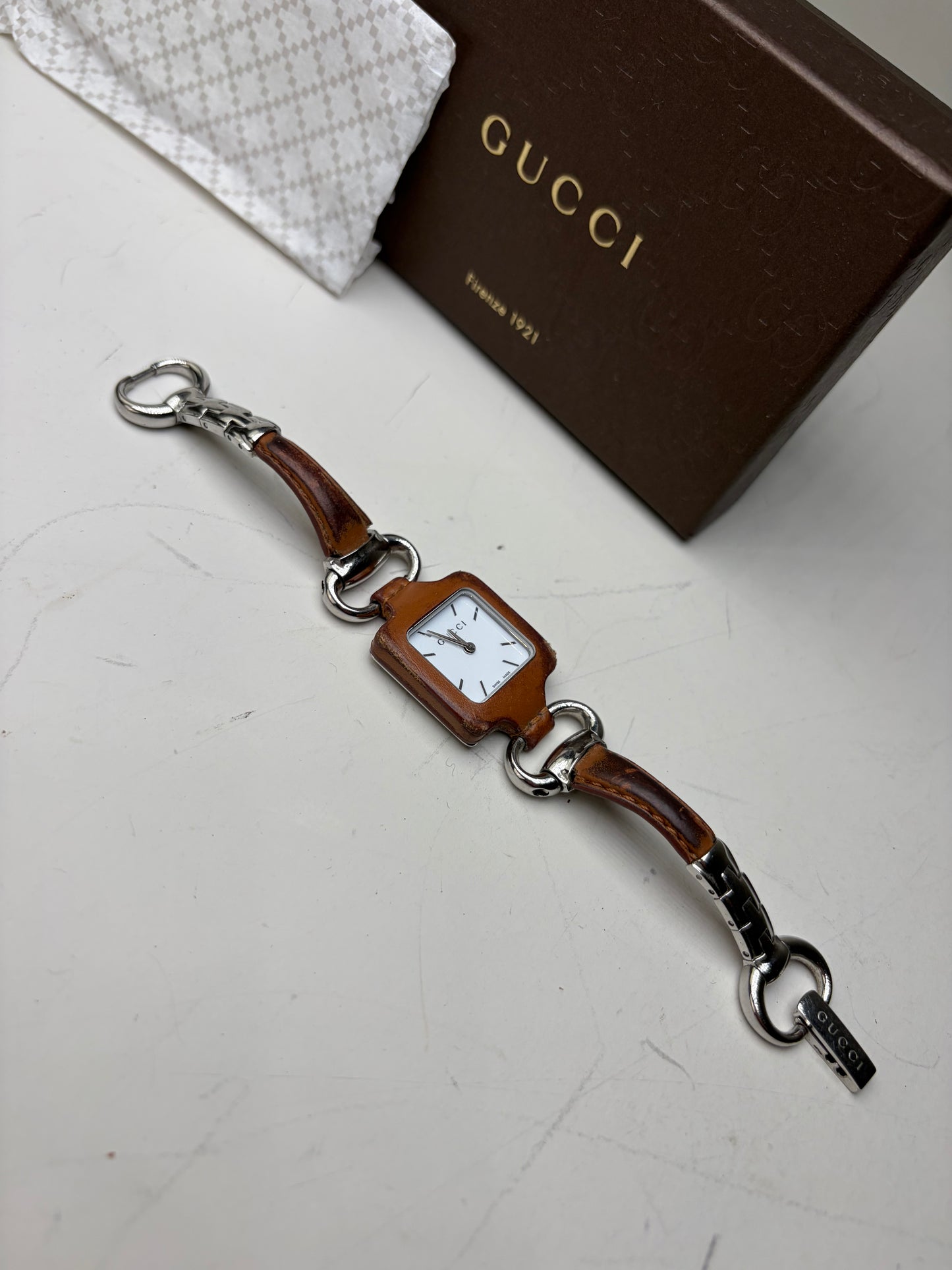 Vintage Gucci Stainless Steel Leather Bracelet Watch Brown Silver