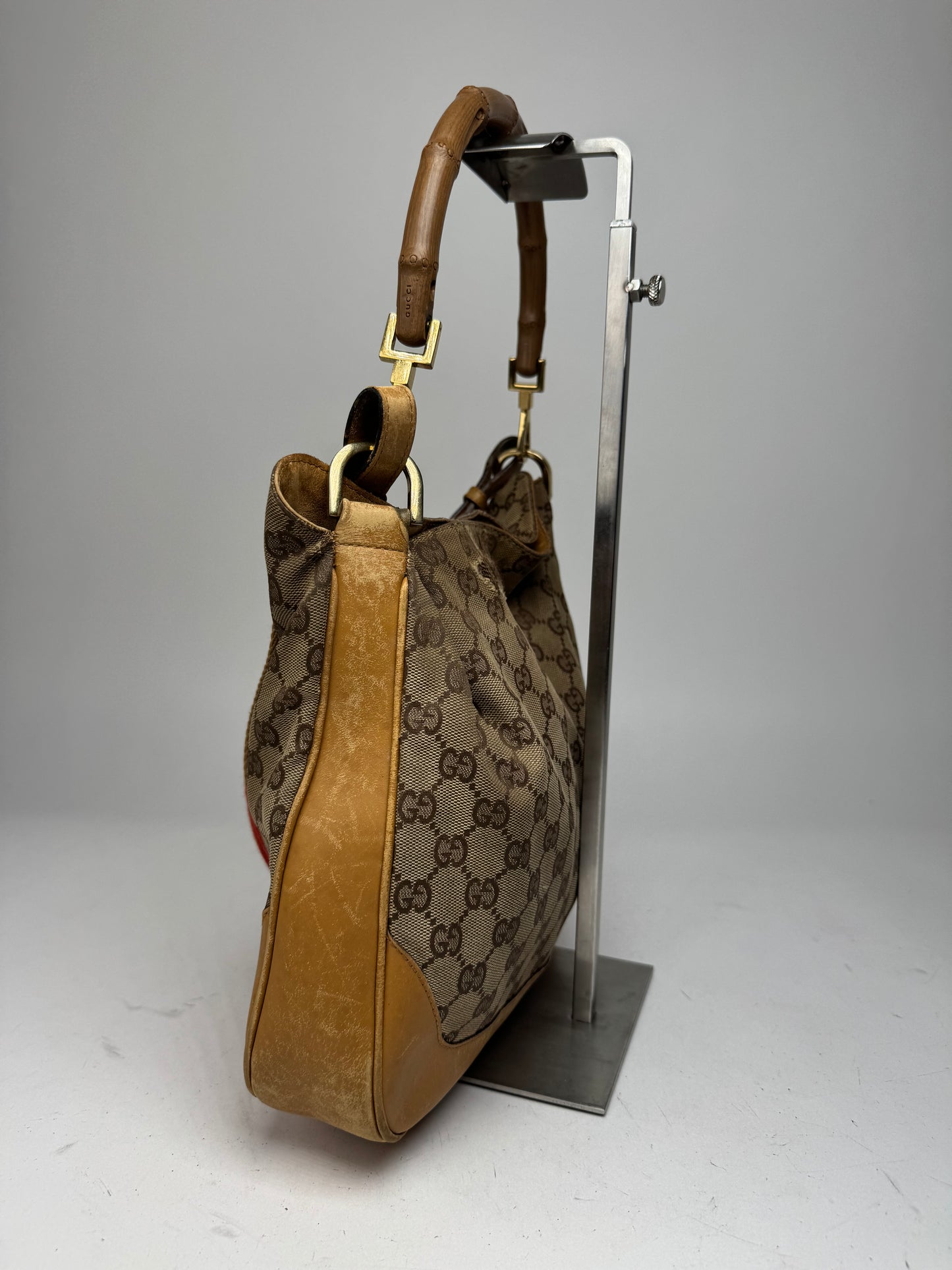 Vintage Gucci Monogram 2Way Bamboo Top Handle Bag Beige